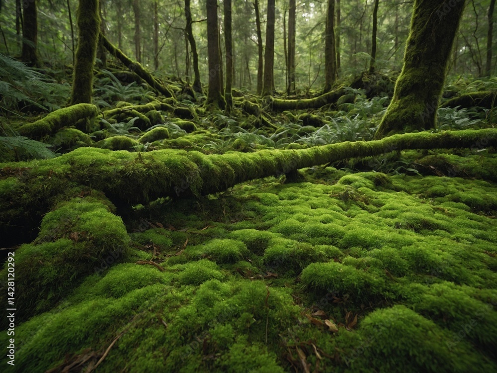 Aufkleber amidst lush green forest, fallen tree trunks lie across vibrant moss-covered ground, creating undula