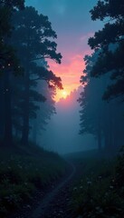 Fototapeta premium Twinkling starlight on a misty forest landscape at dusk, fog, forest