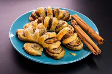 Puff pastry cinnamon rolls. Pastry dessert. food