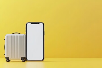 Empty phone and suitcase on yellow backdrop