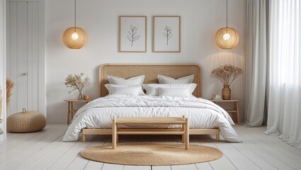 Luxury hotel bedroom interior showcases comfortable bedding, designer furniture, and soft lamp light