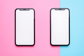 Two modern smartphones on a vibrant pink and light blue background.  Empty screens face the viewer