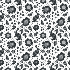 Vector seamless pattern linocut floral and rabbits. Modern trendy minimal style. Black and white colors. Botanical blockprint. Design for wallpaper, wall decor, print, postcard, cover, template.