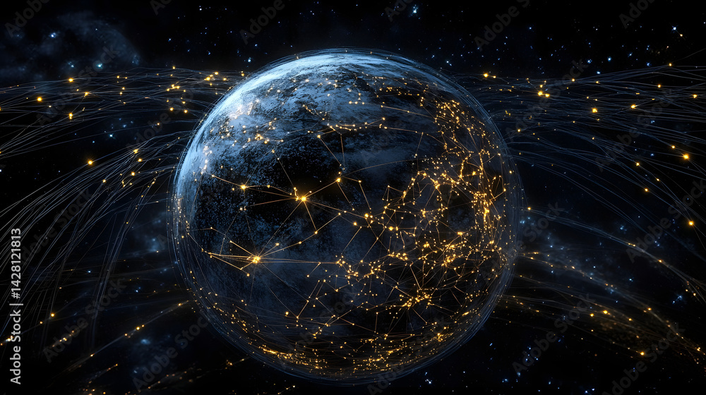 Poster a digital globe with glowing network lines and nodes in space. stock photo.