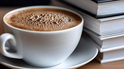 Obraz premium Close-up of a wooden table with a few neatly placed books and a cup of coffee.