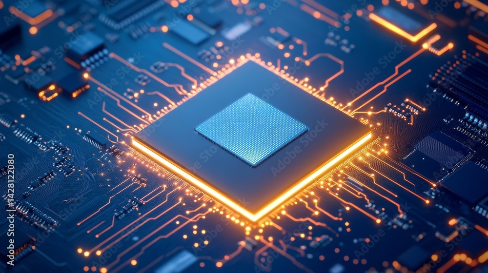 Poster on an anti-static mat, a detailed macro image of a cutting-edge cpu highlights the meticulous design