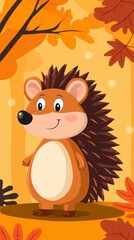 Charming cartoon representation of a hedgehog nestled into a forest setting with line drawing style and name label
