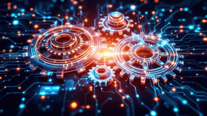Obraz premium interconnected gears and circuitry symbolizing synergy between technology and business processes