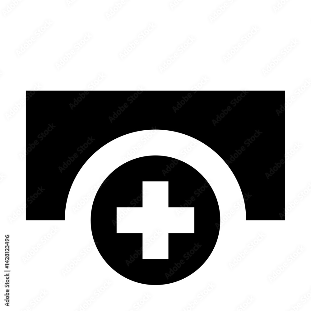Poster a black and white design featuring a rectangle shape with an arch and a plus sign in a circle shape