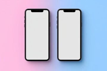 Two black smartphones with blank screens on a pastel background
