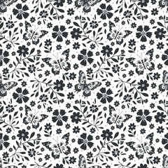 Vector seamless pattern linocut floral and butterflies. Modern trendy minimal style. Black and white colors. Botanical blockprint. Design for wallpaper, wall decor, print, postcard, cover, template.