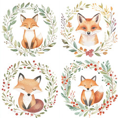 Fototapeta premium Charming clipart set of cute watercolor foxes in floral wreaths, designed in a minimalistic style with fine line art on a clean white background, suitable for children's book illustrations.
