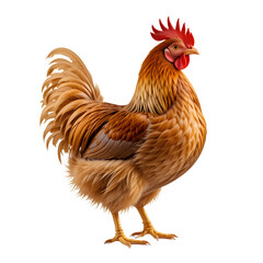 Fototapeta premium A brown and red rooster, hen, and chick, isolated as domestic farm poultry on a white background