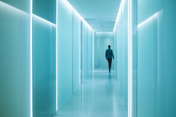 Fototapeta premium Empty modern hallway with teal accents. A person walks away