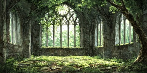 A overgrown, ancient ruin cathedral.