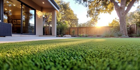 Stylish modern home showcasing artificial grass landscaping. 