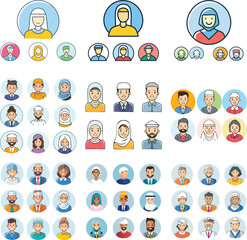 Obraz premium People avatar line icons. Vector illustration included icon as man, female, muslim, senior, adult and young human outline pictogram for user profile 