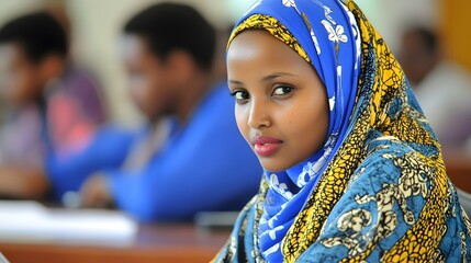 Portrait of a Young Woman Wearing a Vibrant Blue and Yellow Headscarf