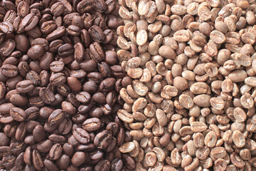 A close-up, overhead shot shows a side-by-side comparison of roasted and unroasted coffee beans