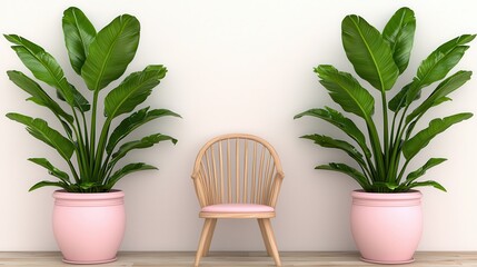 Fototapeta premium Minimalist Interior Design Featuring a Wooden Chair and Large Tropical Plants in Pink Pots Against a White Wall