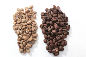 unroasted and roasted coffee beans on white bacground