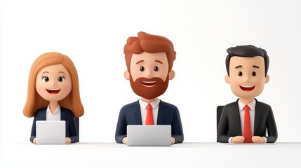 Fototapeta premium Smiling Business Team Working on Laptops, 3D Illustration