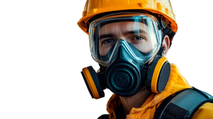 Safety First. Construction worker equipped with a full face respirator topaz concept