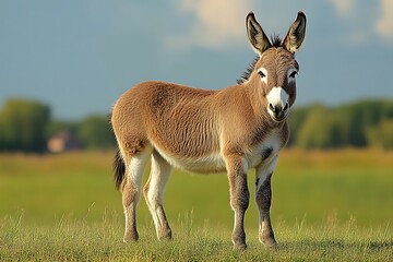Donkey Standing in a Meadow, Sunny Day Rural Countryside