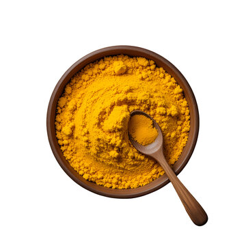 Turmeric powder, wooden bowl, spoon, rustic wooden plate, overhead view, vibrant yellow spice, textured white background.