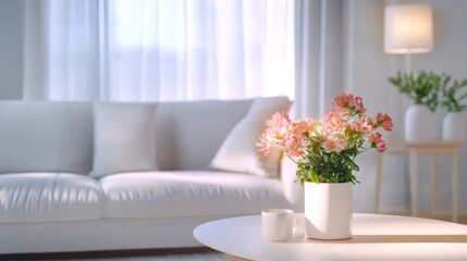 Comfortable sofa as the centerpiece of a contemporary white interior space.