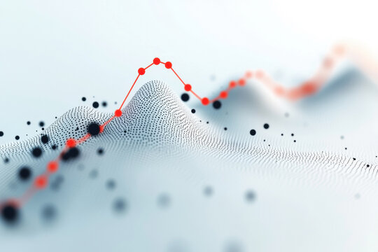 Abstract data visualization with red line graph and black dots on white background, futuristic technology theme, analytical concept