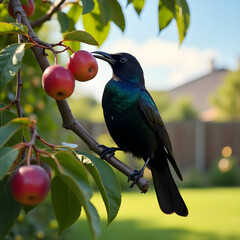 A blackbird enjoying plums from a backyard fruit tree 
