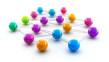 Colorful spheres connected by lines on white background