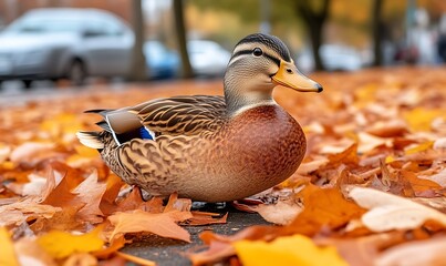 Duck Standing Among Colorful Fall Leaves on City Sidewalk Scene