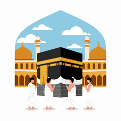 An illustration depicting people in Hajj, standing in front of the Kaaba at Masjid al-Haram