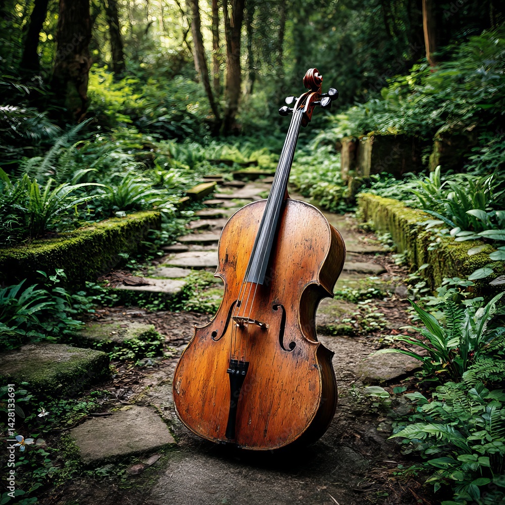 Poster a cello's echo in the enchanted forest: music of nature on a stone path amidst ferns and sunlight.