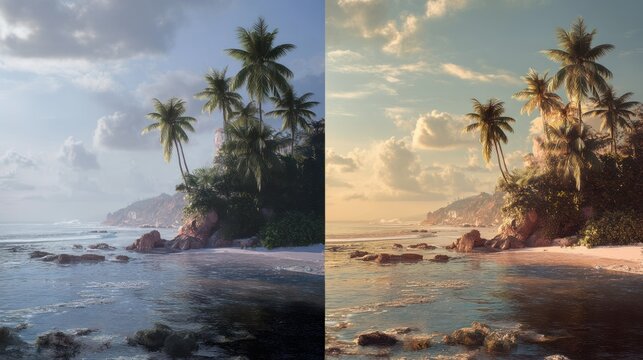 Coastal paradise contrasted in two different color palettes.