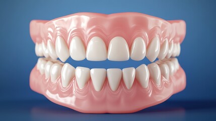 Obraz premium A 3D rendering of a jaw with teeth and dentures set against a blue background
