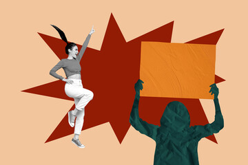 Poster sketch image artwork 3D photo collage of young lady excited jump feminism hand hold placard...
