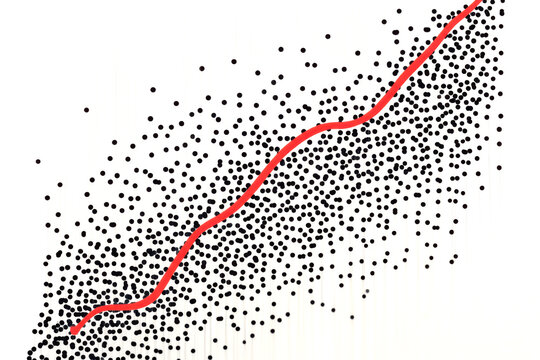 Scatter plot with red trend line showing data correlation and analysis, abstract statistical concept, modern data visualization, analytical insights