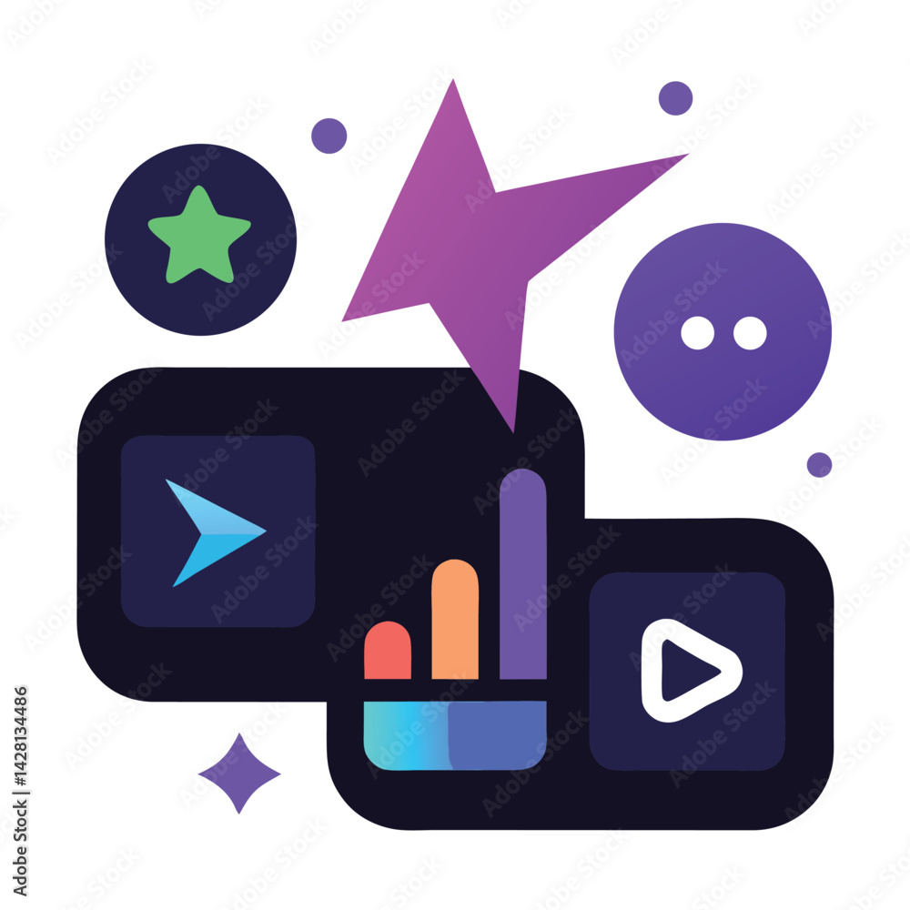 Poster streaming platform icons with glowing effects and dark ui