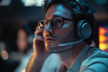 Focused man with headset in control room, analyzing data on screen, evening setting, intense concentration, technology and communication concept