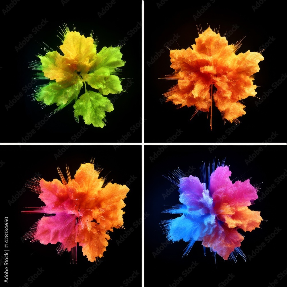Poster colorful exploding flora: a quadriptych of abstract, ink-splashed floral forms against a dark backdr