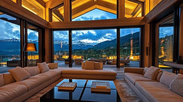 Luxury Mountain Chalet Living Room with Panoramic View