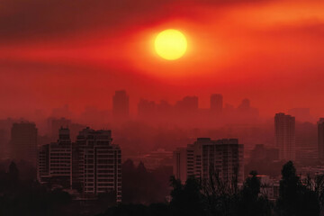 Fototapeta premium A somber red sky over a modern metropolis shrouded in smog. 