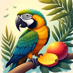 A colorful parrot eating ripe mangoes from a tropical tree 