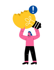 Business woman holding broken light bulb with crack. Solution fail concept. Flat vector illustration isolated on white background