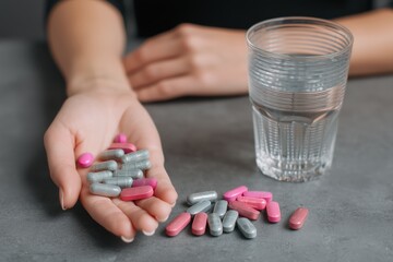 Woman's Hand Holding Pink and Silver Pills with Glass of Water on Table, Close Up