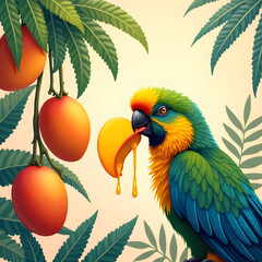 A colorful parrot eating ripe mangoes from a tropical tree 