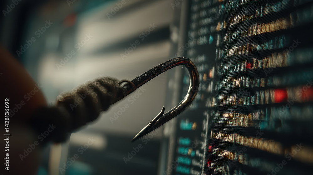 Aufkleber close-up of a fishing hook with digital code in the background highlighting the intersection of natu
